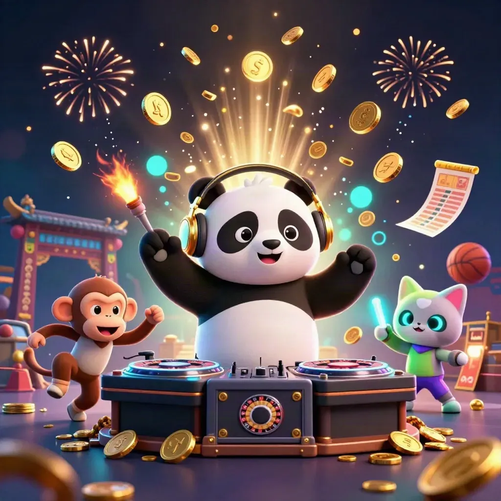 DJ panda, dancing monkey, and glow-stick kitten amid coins, temple gate, fireworks, and casino props