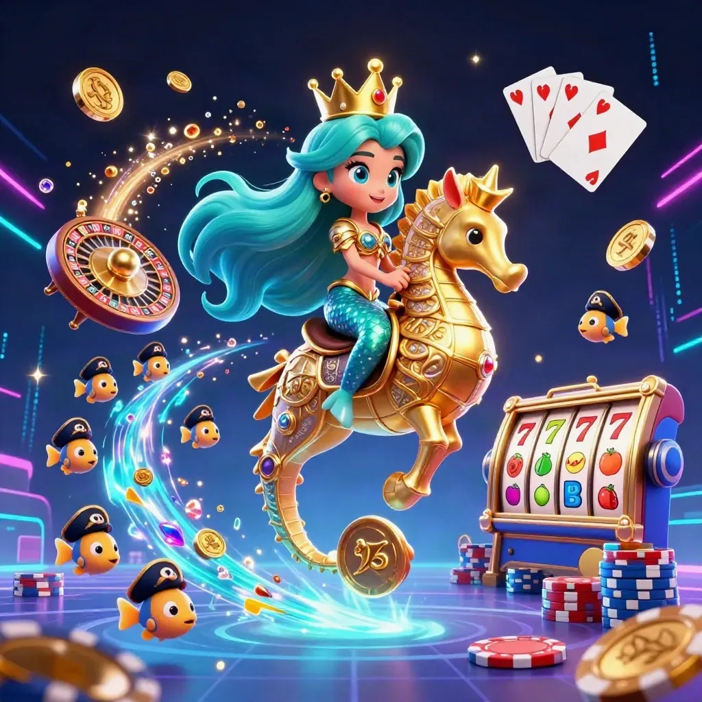 Mermaid princess on armored seahorse with pirate fish, coins, chips, cards, reels, and neon casino effects.