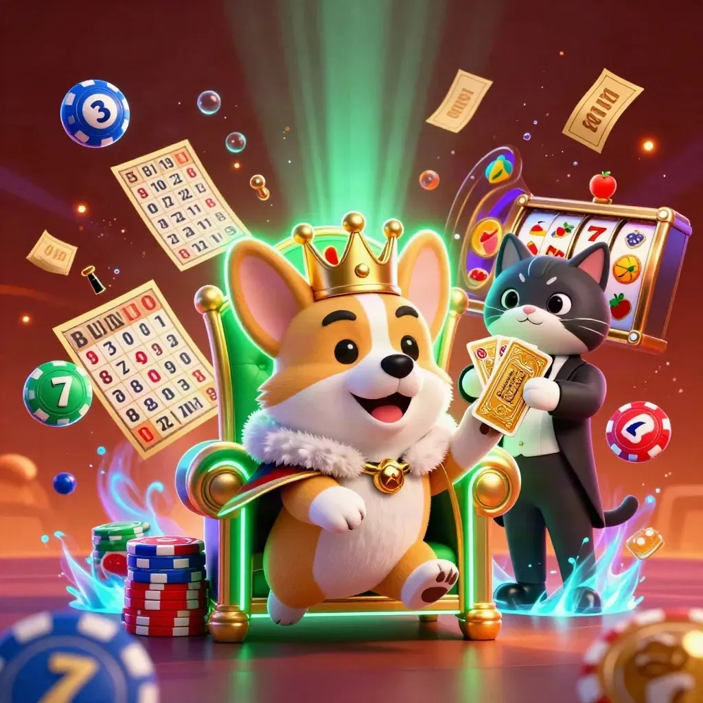 Royal corgi on chip throne with cat butler, casino icons bursting in neon glow