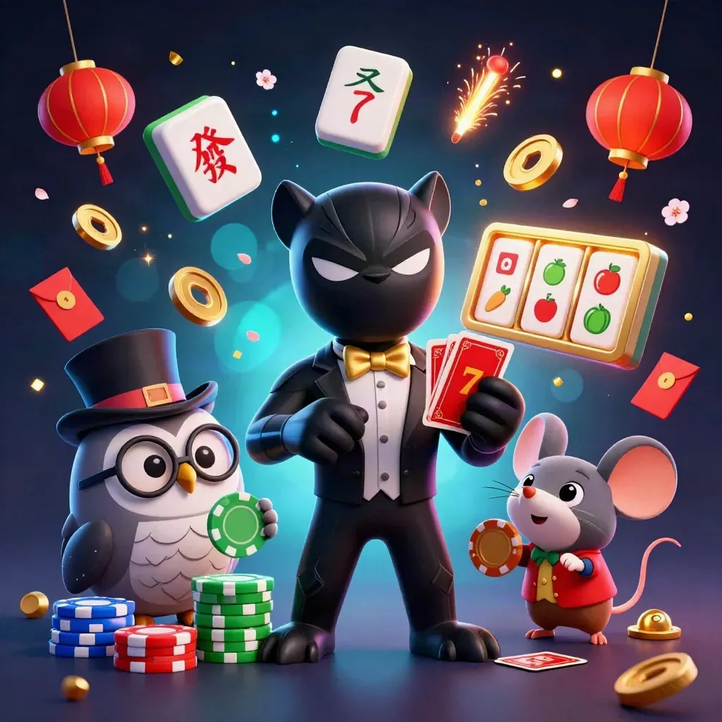 Panther, owl, and mouse casino heroes amid coins, reels, lanterns, and glowing effects.