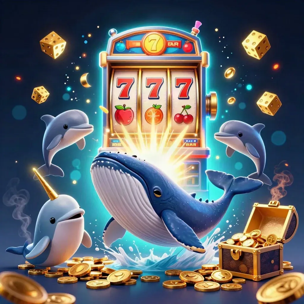 Captain whale, narwhal and dolphins burst through coins with slot reels, dice and gold.