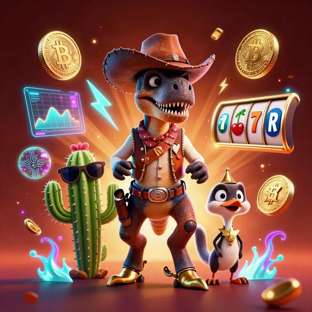Cowboy T-Rex, cactus sidekick and sheriff roadrunner amid neon coins and arcade effects.