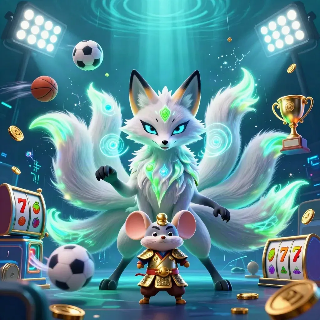 Neon fox spirit and samurai mouse amid sports balls, trophy, coins, and casino effects.
