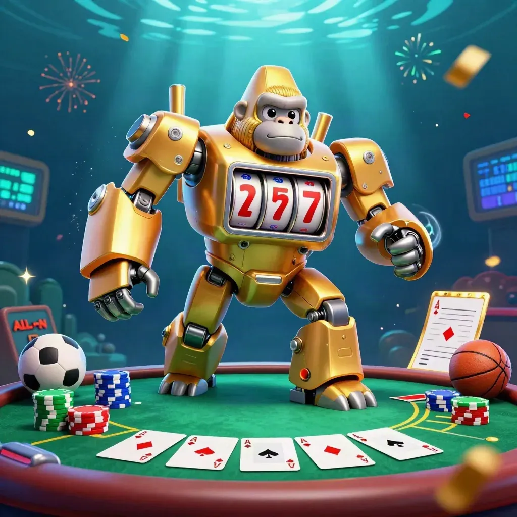 Golden gorilla mech with monkey pilot, poker chips, aces, sparks, and neon sportsbook glow.