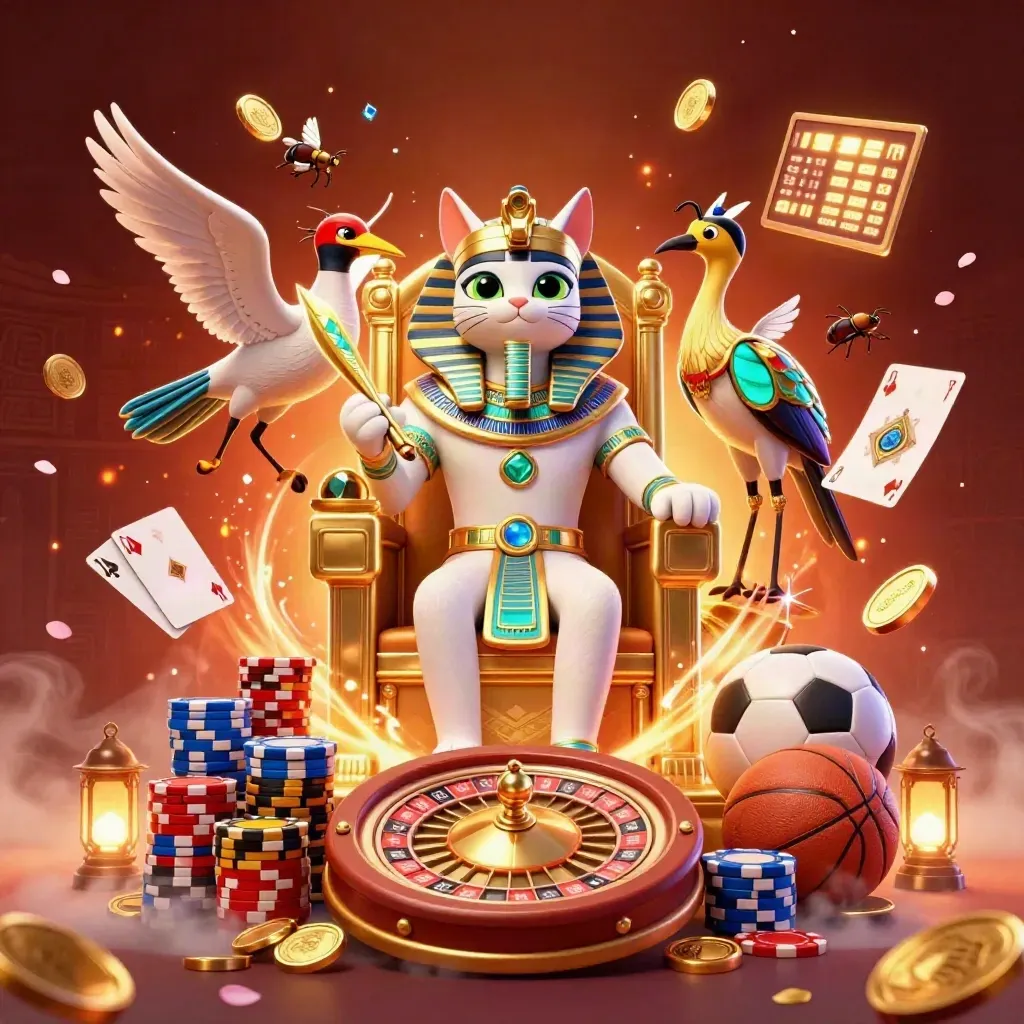 Pharaoh cat, ibis scribe, and scarab beetles amid casino riches and neon glow
