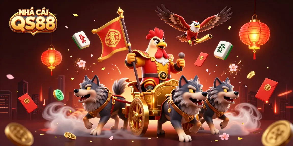 Engage with NHÀ CÁI QS88 featuring a mystical scene with a rooster warlord and dynamic game elements.