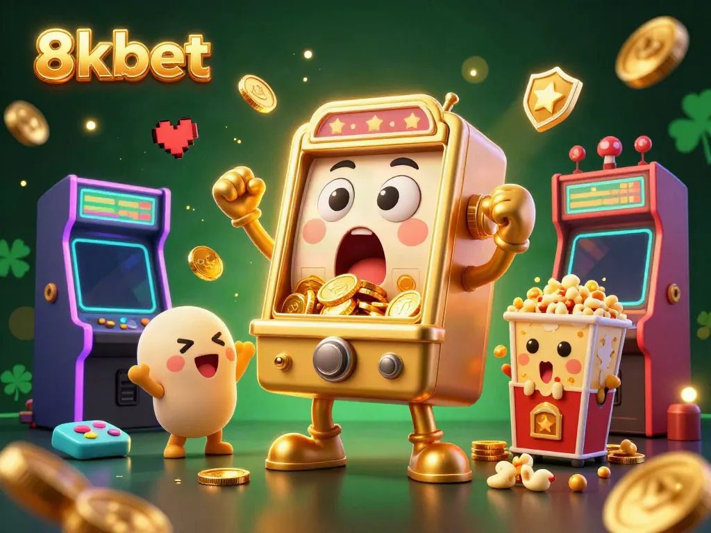 8xbet's vibrant illustration depicts a cartoon golden slot machine hitting a jackpot, celebrating with cheering baby machines.