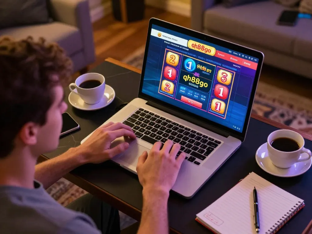 Engaged player at home using qh88go gaming interface, capturing the online gambling experience