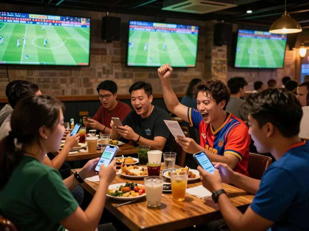 Fans celebrating and analyzing kèo nhà cái during a live football match at a sports bar