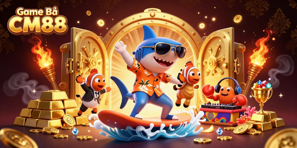 Engage in thrilling Game Bài CM88 with cartoon characters on a vibrant casino wave.