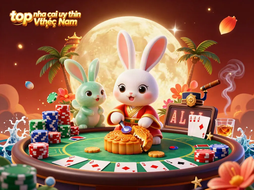 Experience the thrill of top nha cai uy tin Việt Nam with a 3D moon rabbit poker illustration, showcasing vibrant casino elements.
