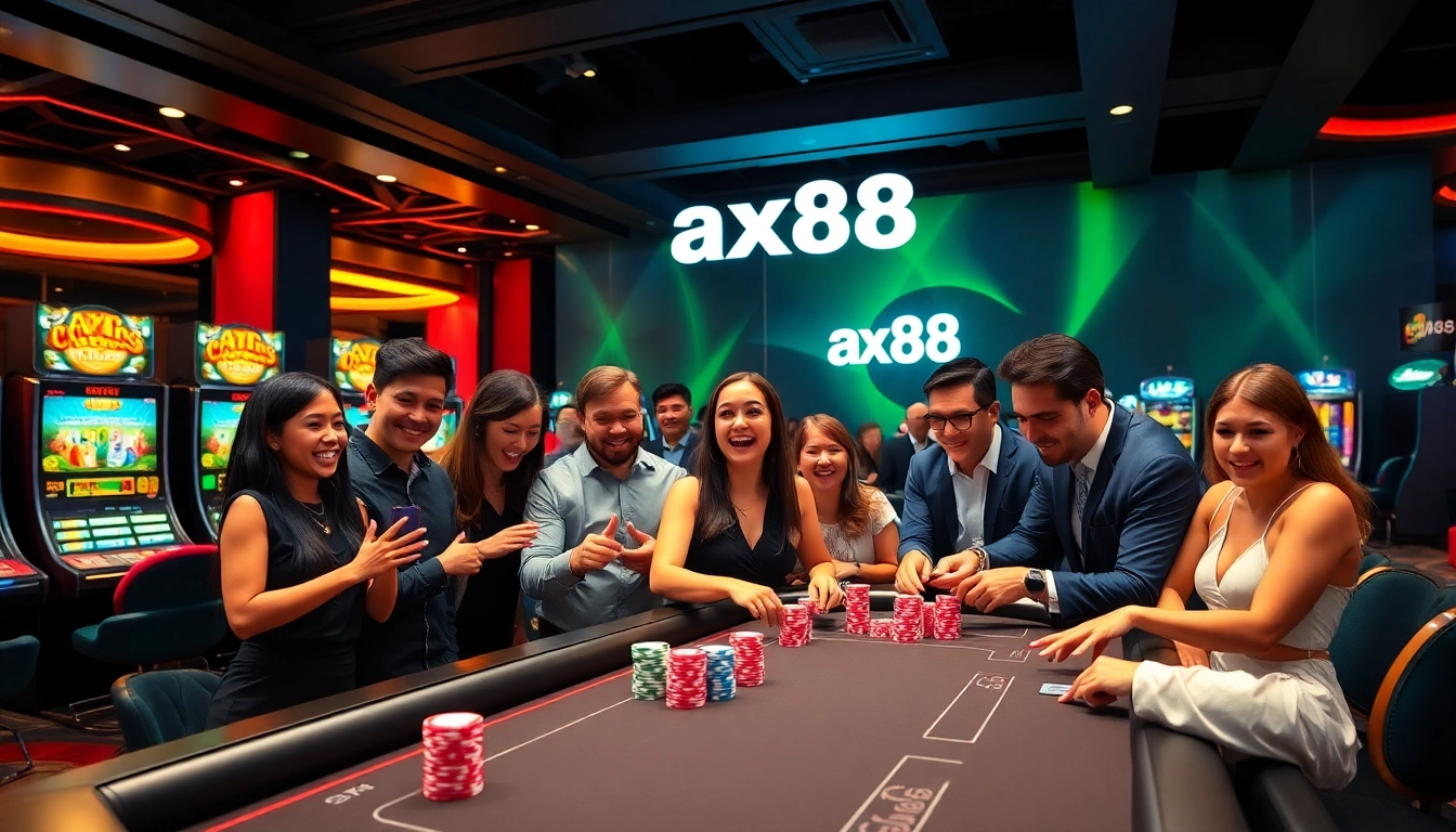 A diverse group of gamblers enjoying the vibrant casino atmosphere with the ax88 branding prominently featured.