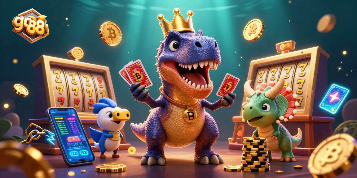 Engage in go 88 action with a friendly T-Rex shuffling cards and stacking chips in this vibrant casino scene.