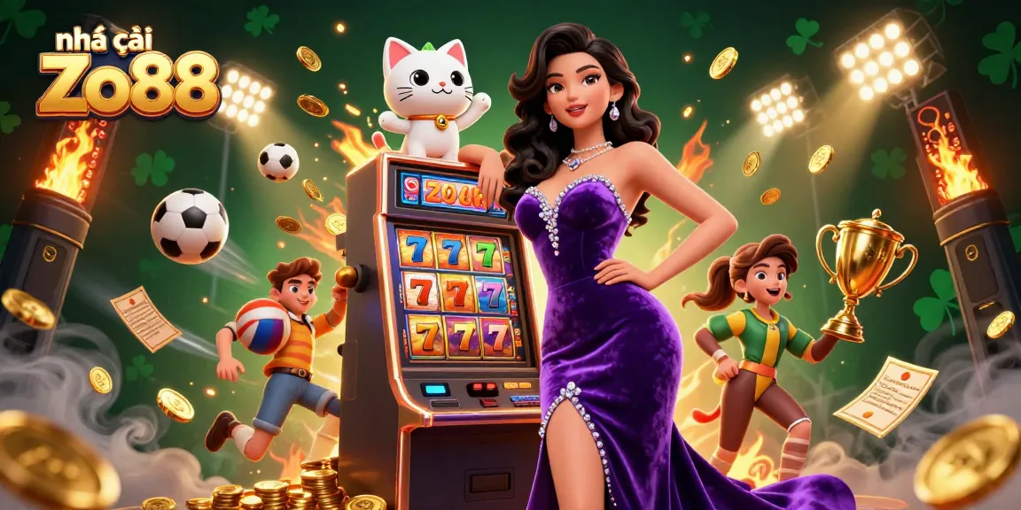 Experience the excitement at nhà cái Zo88 with a glamorous scene featuring a jackpot slot machine and lucky cat.