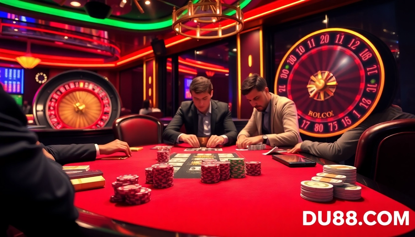 Players engage intensely in poker at DU88.COM's luxury casino, with vibrant chips and a spinning roulette wheel.