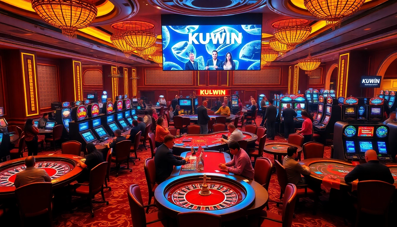 KUWIN casino atmosphere with vibrant games, patrons engaging, and luxury gaming elements.