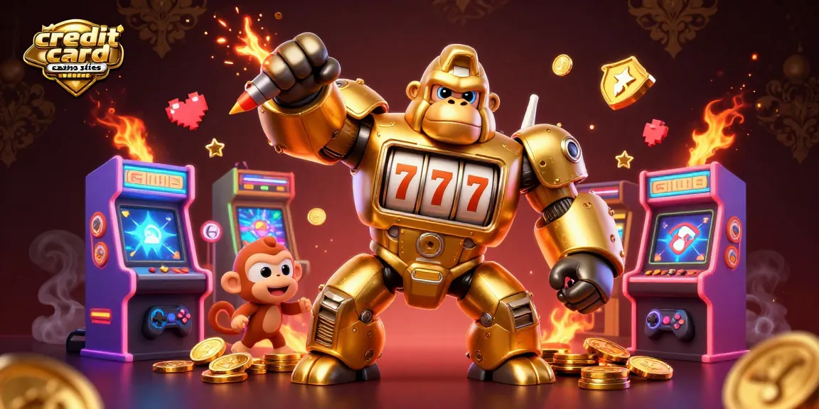 Engaging scene of a golden gorilla mech celebrating wins at credit card casino sites with vibrant game elements.