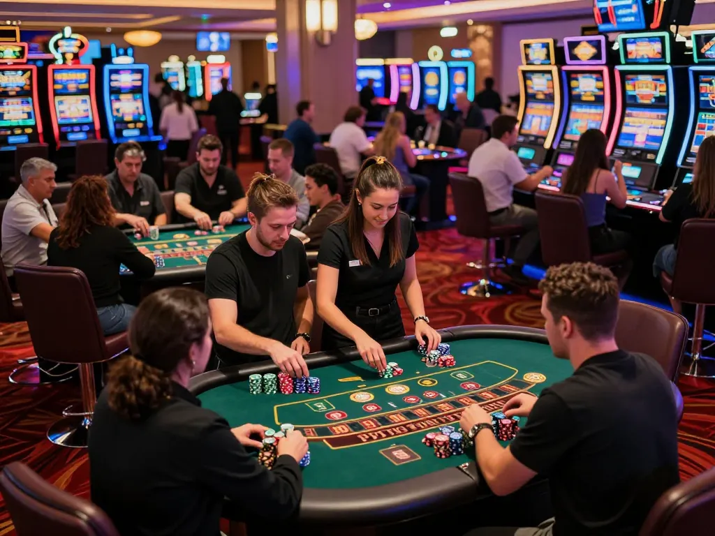 Players enjoying SHBET games at a lively casino floor with vibrant tables and enthusiastic betting.