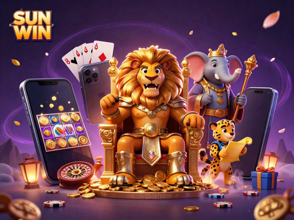 SUN WIN offers a thrilling casino atmosphere featuring a lion king, wise elephant, and swift cheetah amidst dynamic gaming elements.