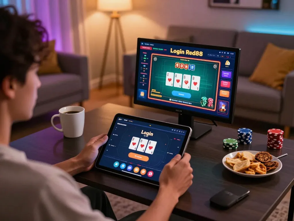 Login Red88 on a tablet in a cozy home setup, showcasing an engaging online gambling experience.