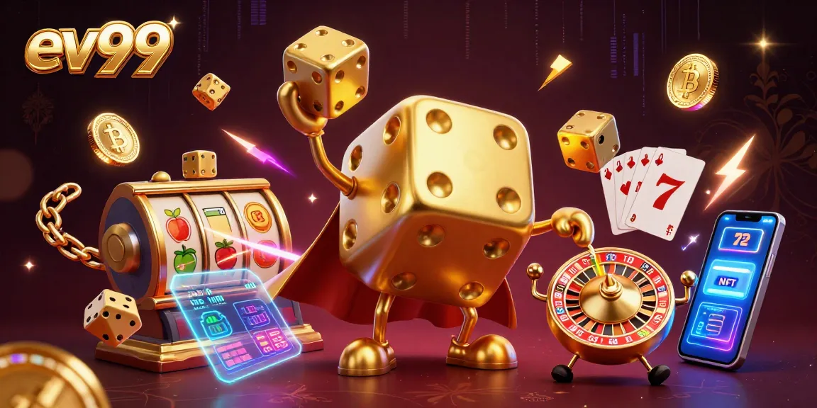 ev99 engages players with golden dice golem and vibrant slot elements in an energetic casino scene