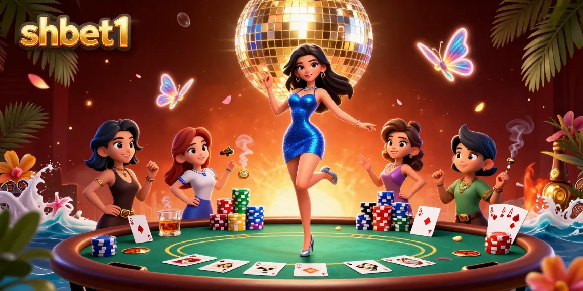 Experience vibrant casino action at shbet1 with a glamorous dancer amid poker excitement and lively visuals.