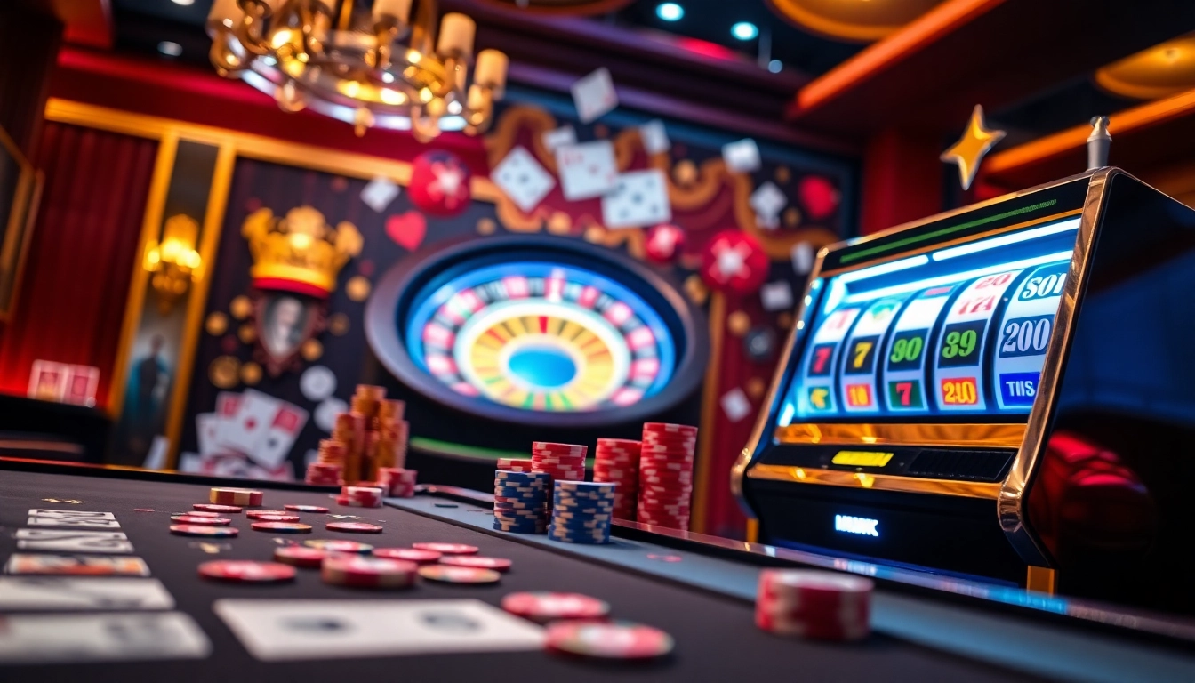 Experience the thrill of SODO66 with vibrant casino tables, cards, and roulette wheels.