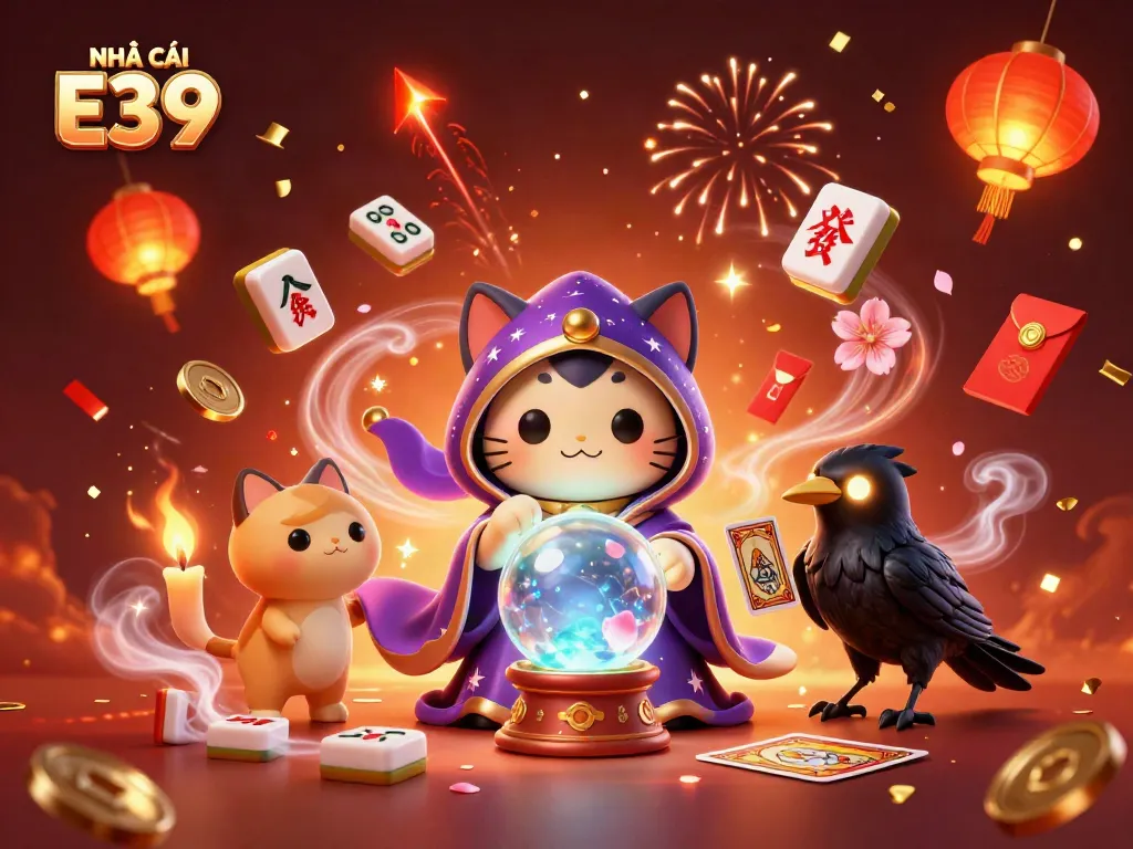 Experience thrilling gameplay with NHÀ CÁI E39's mystical fortune teller, spinning jade coins, and vibrant celebrations.