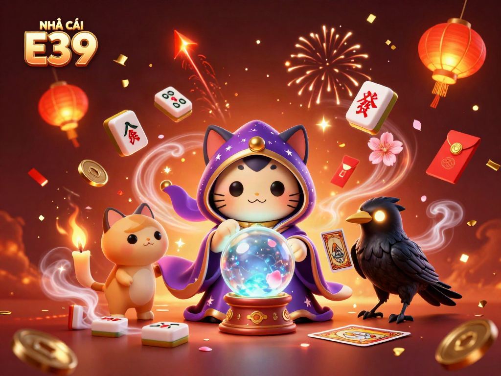 Experience thrilling gameplay with NHÀ CÁI E39's mystical fortune teller, spinning jade coins, and vibrant celebrations.