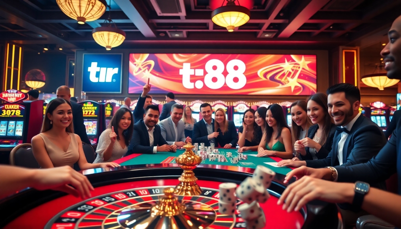 Excited players engaging in a thrilling game at tr88 casino with vibrant lights and poker chips.