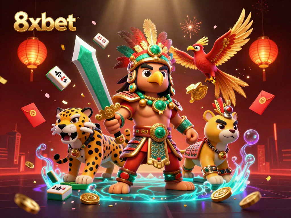 Experience thrilling gaming with 8xbet, featuring dynamic Aztec warriors and casino elements.