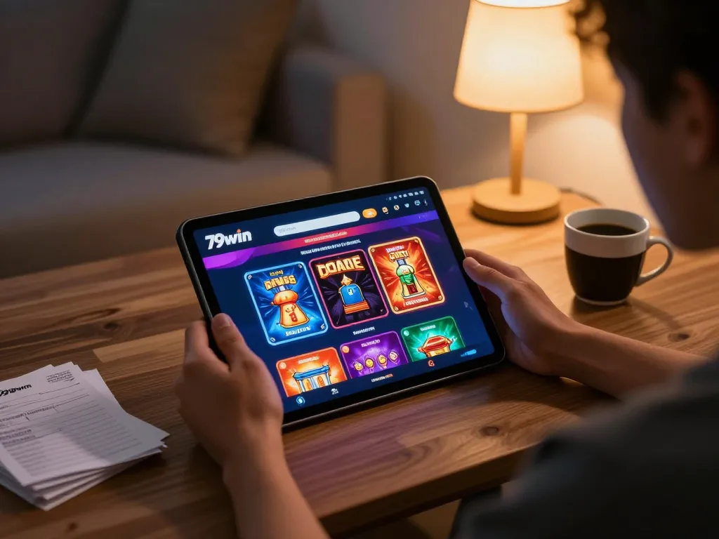 Engaging in online gaming with 79win on a tablet, vibrant home atmosphere.