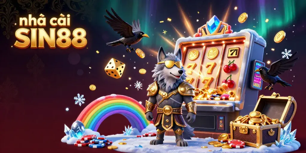 Experience excitement at nhà cái SIN88 with an enchanting Norse-themed 3D casino illustration bursting with game elements.