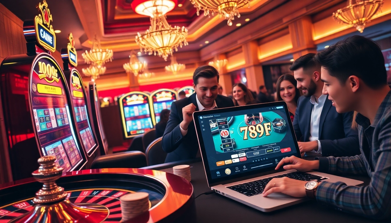 Players engaging at the 789F online casino, showcasing vibrant slot machines and poker chips.
