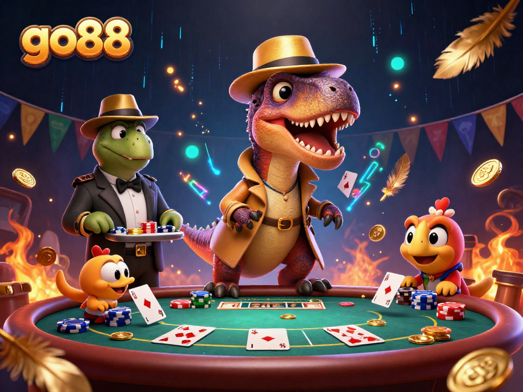 go88 showcases a velociraptor card counter at a poker table in a vibrant casino scene.