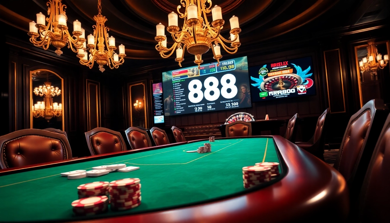 Engaging atmosphere at rr88 with poker chips and a roulette wheel at a luxurious casino.