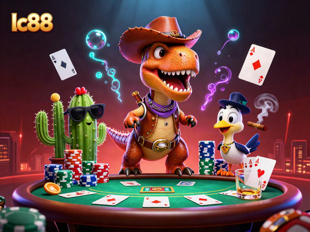 Engage in thrilling poker action with lc88 featuring a cowboy T-Rex and friends.