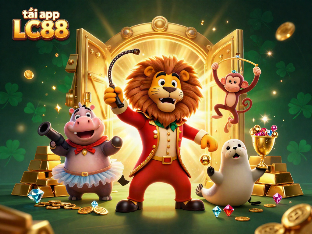 Play and win with the tải app LC88, featuring vibrant circus characters and dazzling casino elements.