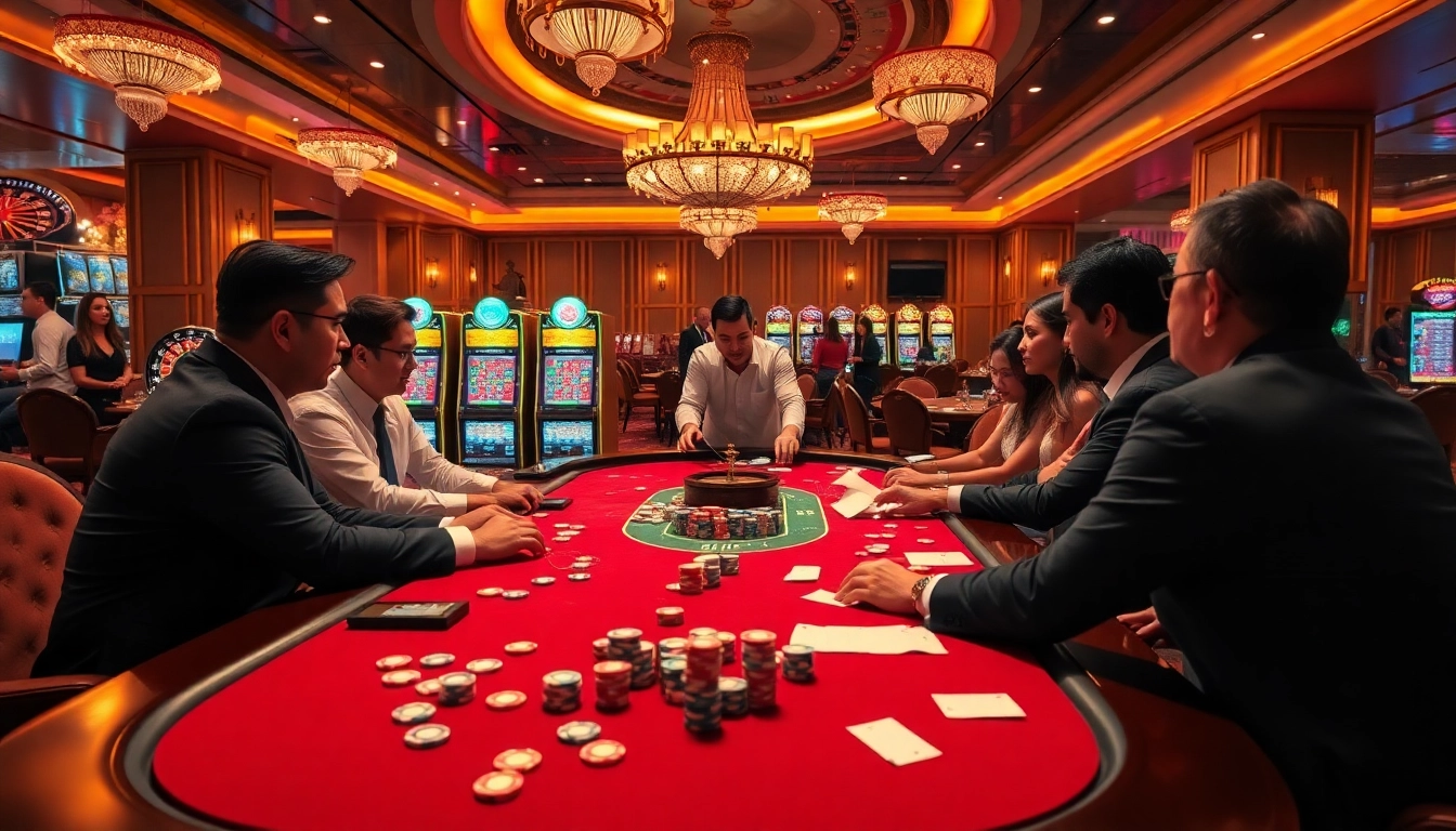 A thrilling gaming experience at nk 88 casino with engaged players at a poker table and a roulette wheel in view.