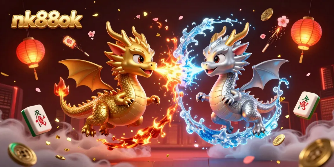 Experience the dynamic thrill of nk88ok with dragons battling in fire and ice, surrounded by vibrant casino elements.