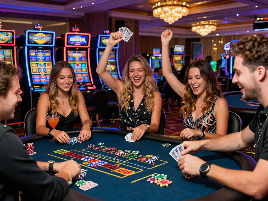 KOMBET168 gaming celebration with friends at a vibrant casino table.