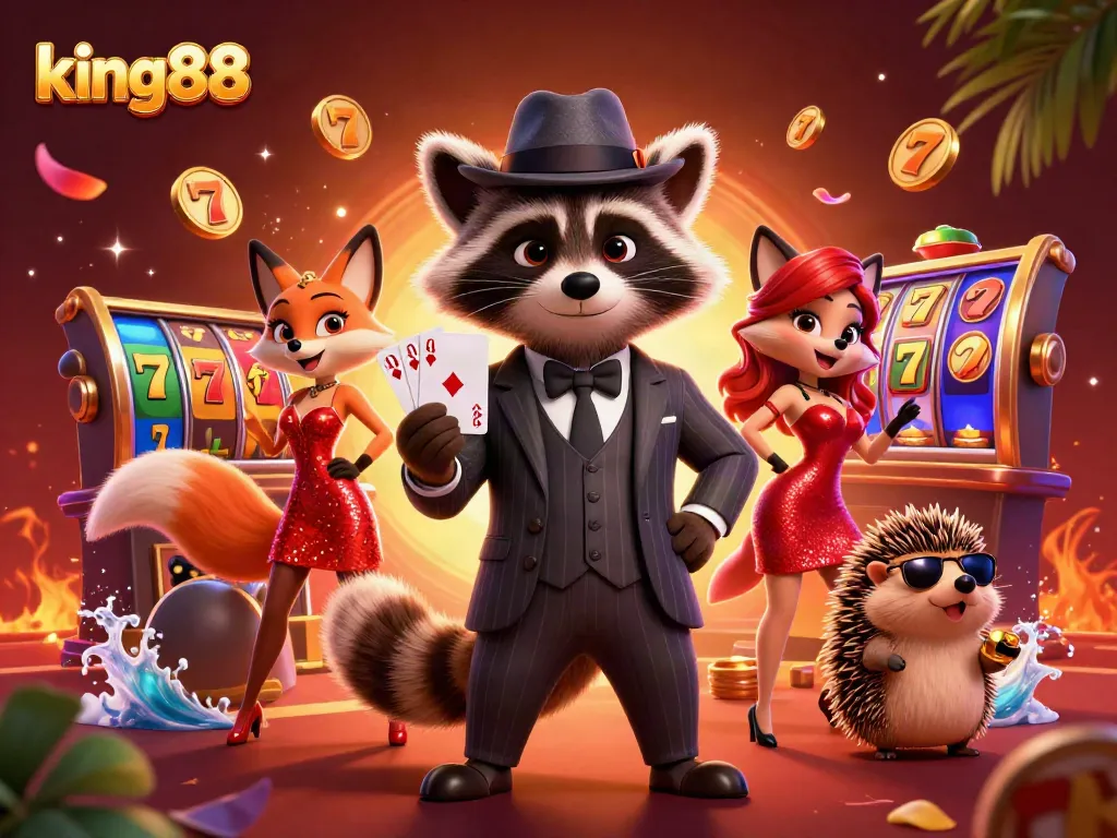 Experience the thrill of king88 with a suave raccoon in a casino scene full of vibrant slot machines and colorful chips.