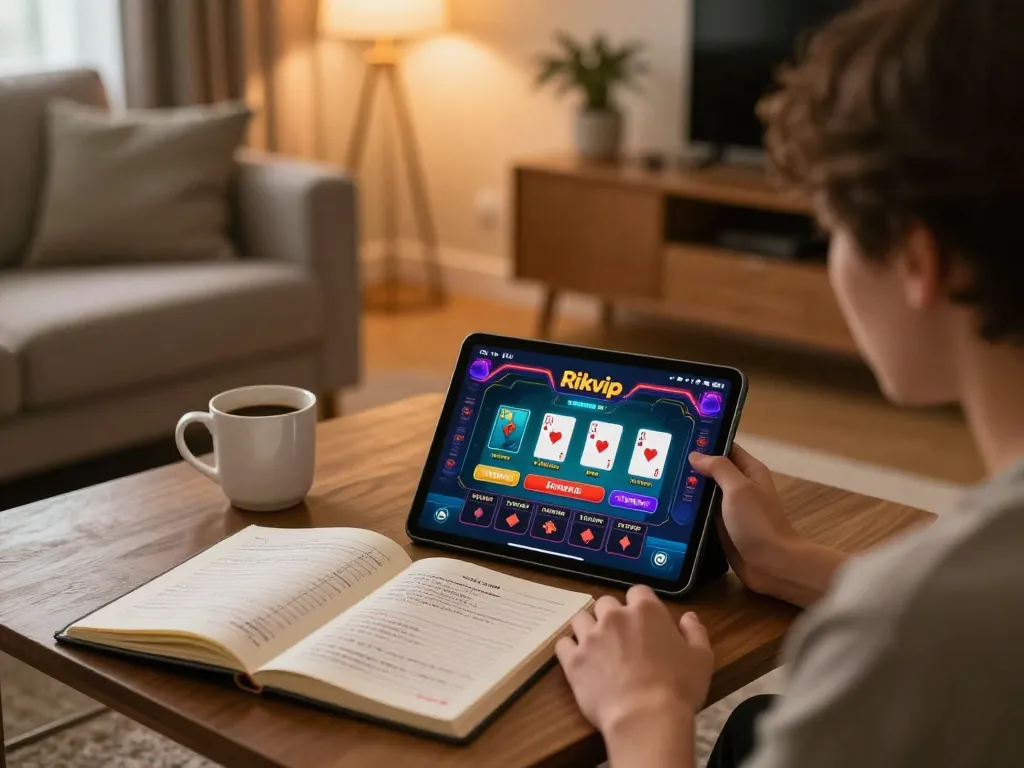 Người chơi tham gia sử dụng ứng dụng Rikvip trên máy tính bảng trong phòng khách ấm cúng, thể hiện gameplay chiến lược.