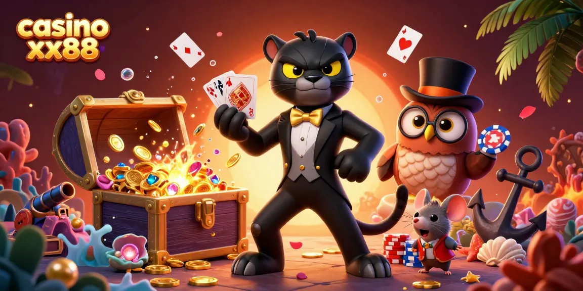 Engaging scene at casino xx88 with a stylish panther and friends playing cards.