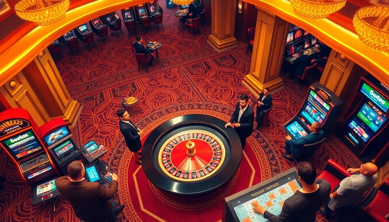 Exciting scene of players enjoying casino games at link bet88 interface in a luxurious setting.