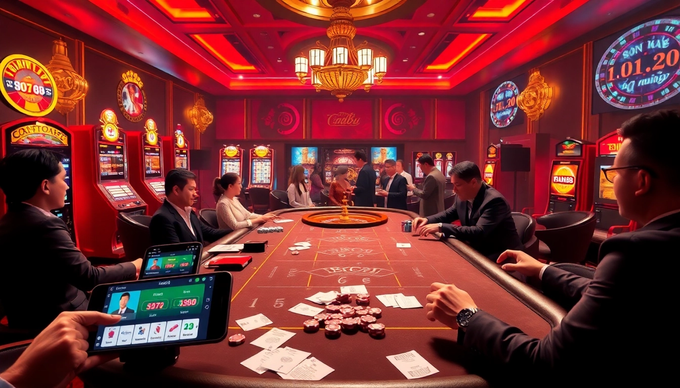 Experience the excitement of Fun88 Thai in a vibrant casino scene filled with players and gambling elements.
