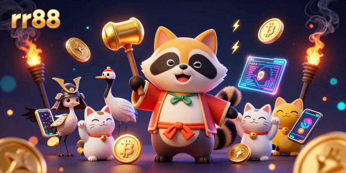 Engage with rr88 casino's vibrant experience featuring a cheerful tanuki in a festival outfit and maneki-neko cats.
