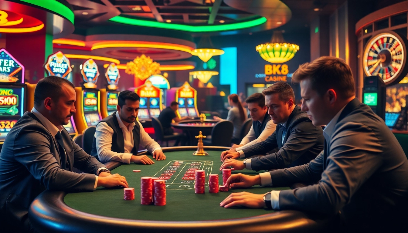 High-stakes poker action at BK8, showcasing a dynamic casino atmosphere with vibrant slot machines.