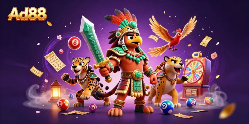 Join the excitement at Ad88 with vibrant fantasy figures and dynamic game elements.