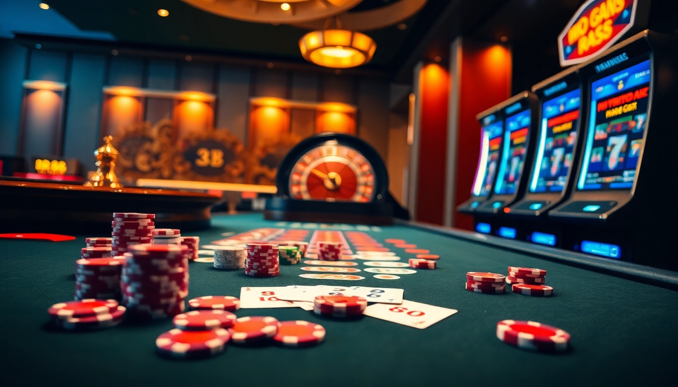 Experience the excitement of RR88 at a luxurious casino table with vibrant chips and cards.